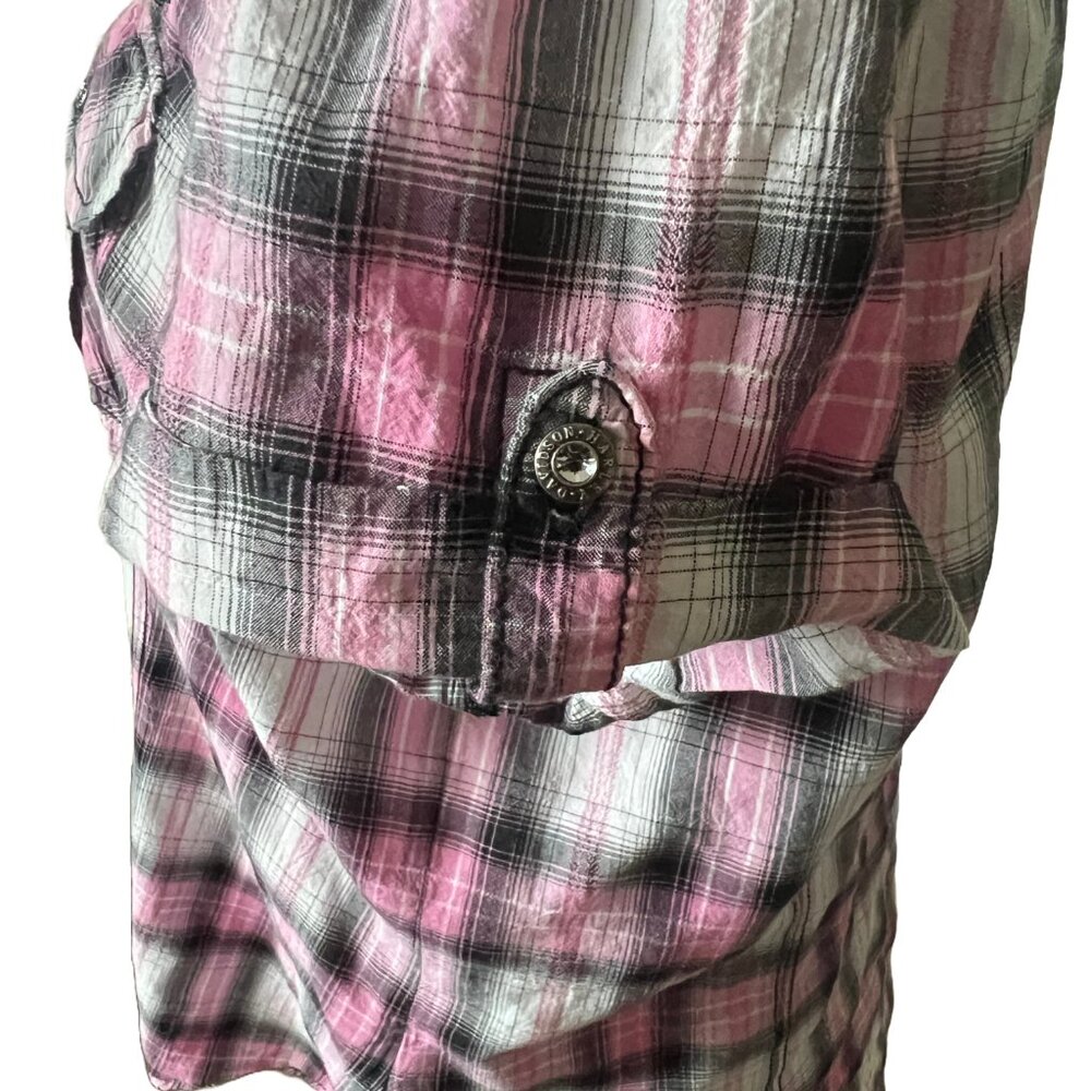 HARLEY DAVIDSON Women's Large Button Down Tab Sleeve Pink Plaid Shirt - Picture 4 of 9